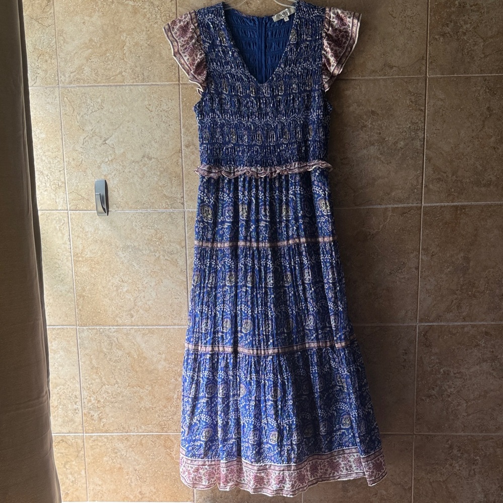 SEA New York Rosita Smocked Midi Day Dress Pockets 100% Cotton Cerulean Blue M